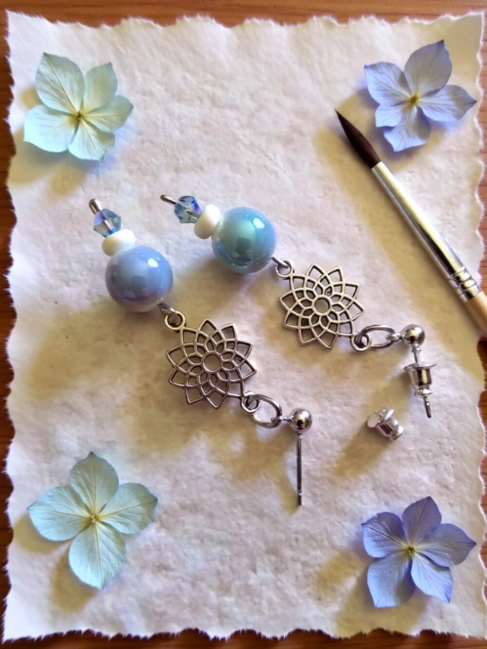 Handmade: Blue & Cream Beaded Dangle Earrings w. Lotus Charm - Feminine Essence